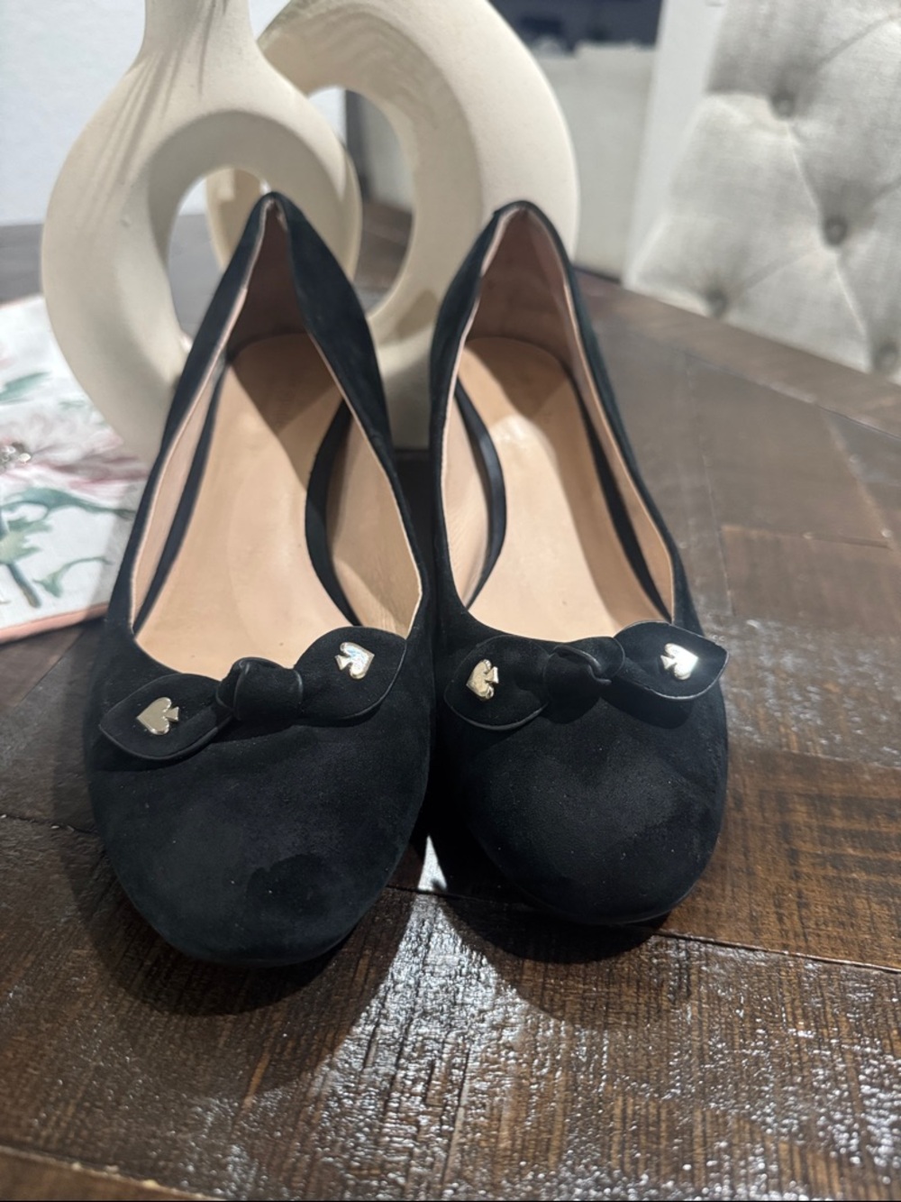 kate spade Black Suede Knot Ballet Flats with Gold Heart Accents